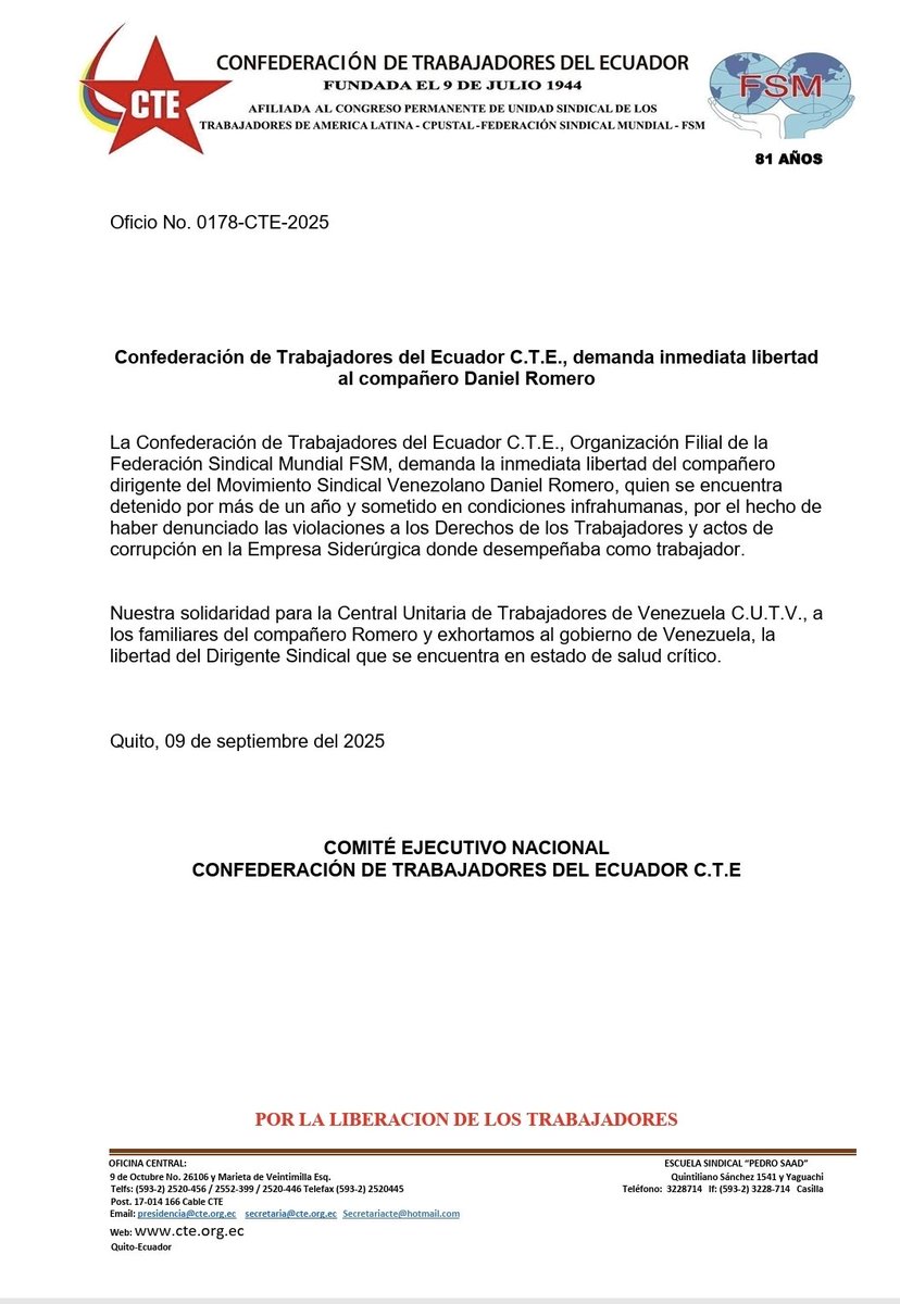 URGENTE 
Confederación de trabajadores del Ecuador se pronuncia sobre el caso de Daniel Romero
#libertadparaDaniel