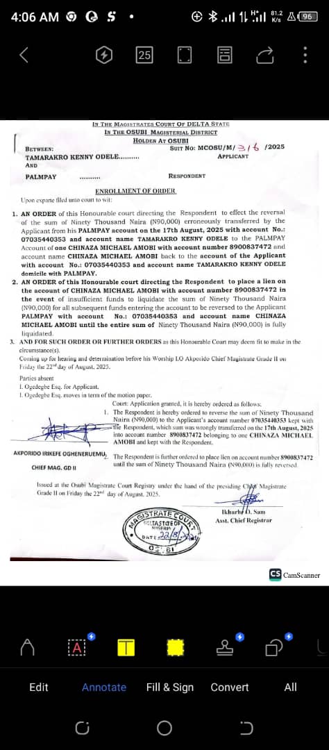 odelekenny's tweet photo. Good day palmpay, I have been to ur office @ Port Harcourt to make a simple complaint about an erroneous transfer I made from my palmpay account number 7035440353 on the 17th August 2025 amount 90k. I have applied for a court order and also sent a transaction evidence to palmpay. https://t.co/DvN7BO28yT