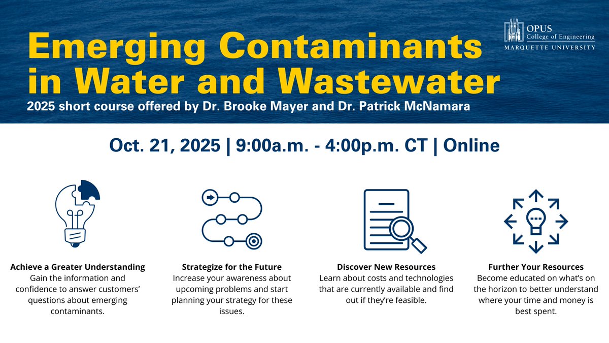 Marquette Engineering (@muengineering) on Twitter photo Join <a href="/MarquetteU/">Marquette University</a> experts on Oct. 21 for our "Emerging Contaminants in Water & Wastewater" short course 🌊
Discuss trending topics in the field, uncover potential resources and bring awareness to the future of water and wastewater.
Learn more: marquette.edu/civil-construc… Join <a href="/MarquetteU/">Marquette University</a> experts on Oct. 21 for our "Emerging Contaminants in Water & Wastewater" short course 🌊
Discuss trending topics in the field, uncover potential resources and bring awareness to the future of water and wastewater.
Learn more: marquette.edu/civil-construc…