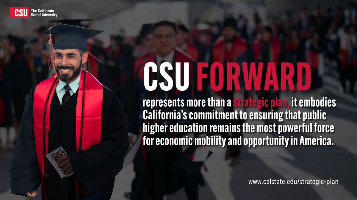 calstate's tweet image. The new CSU strategic plan is here: CSU Forward!

The future of California begins with thriving #CalState students. Nearly half of the state’s bachelor’s degrees come from the CSU and every $1 invested fuels growth, equity and debt-free success pathways.

Learn how the CSU