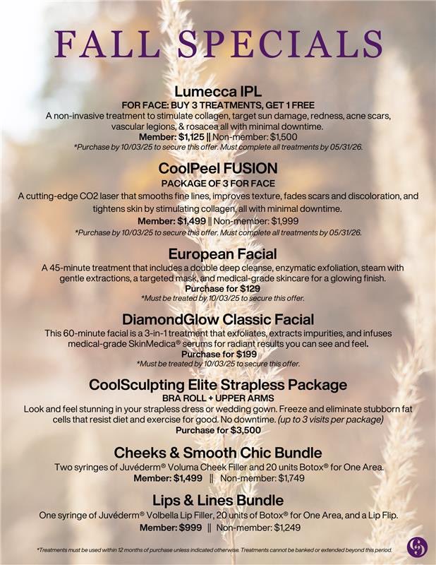 🍂✨ Get ready to turn over a new leaf this season with our fabulous autumn specials! From lasers and facials to CoolSculpting®, now’s the perfect time to erase summer damage, refresh your skin, and feel confident for gamedays, holiday events, and every moment in betweeen.