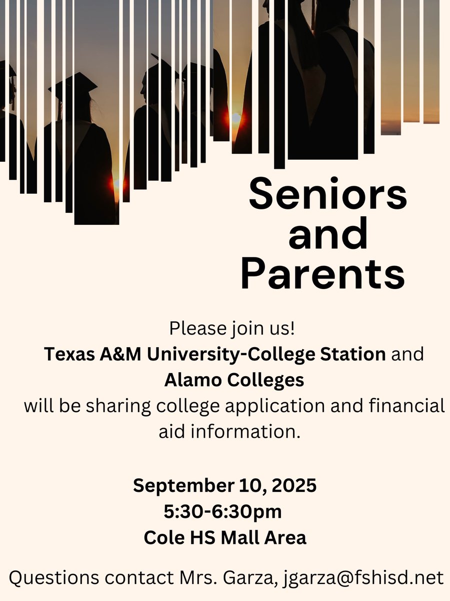 Jessica Garza (@jessicagarza122) on Twitter photo Be sure to come tomorrow evening, seniors. College reps will be presenting about the college application and financial aid processes. <a href="/RGC_MS_HS/">Robert G. Cole Middle/High School</a> #FSHISD Be sure to come tomorrow evening, seniors. College reps will be presenting about the college application and financial aid processes. <a href="/RGC_MS_HS/">Robert G. Cole Middle/High School</a> #FSHISD