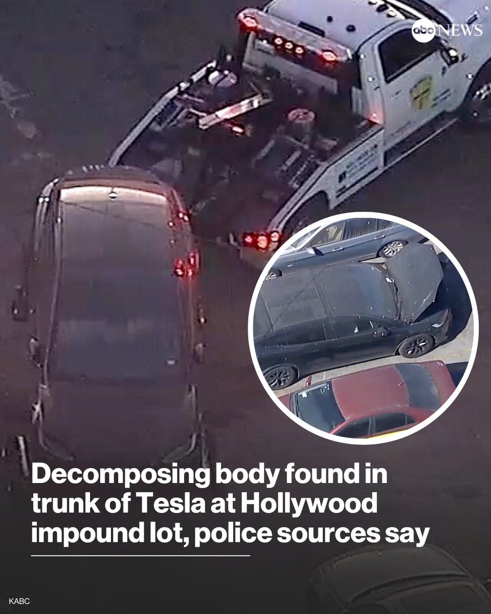 ABC's tweet image. A decomposing body was found in the trunk of a Tesla two days after it had been towed from a Los Angeles street, police sources said.

Read more: abcnews.link/jjrx8e0
