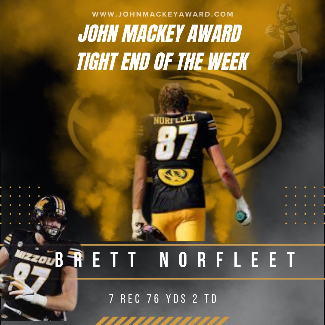 Week 2 Tight End of the Week goes to Brett Norfleet! He helped carry <a href="/MizzouFootball/">Mizzou Football</a> to a big W with 7 Rec for 76 yds and 2 TDs!

Visit johnmackeyaward.com for the full press release.