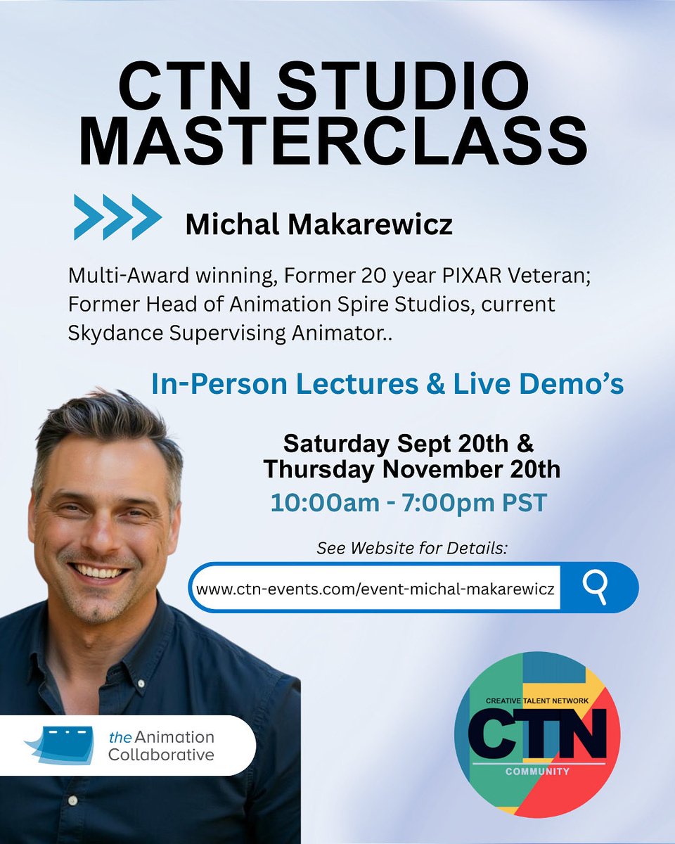 animationcollab's tweet image. ⏰ 2 WEEKS AWAY ⏰
Join Pixar legend Michal Makarewicz for 2 in-person Masterclasses 🎬✨
📅 Sept 20 @ CTN Studio (Burbank)
📅 Nov 20 @ CTNexpo (Burbank Marriott)
🎟️ Limited spots—no recordings. Live only!
#CTN #AnimationMasterclass
