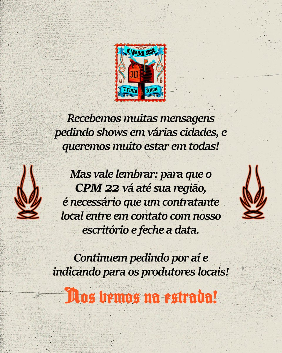 Nossa vontade é levar a tour 30 ANOS DE CPM 22 para os palcos de todo o Brasil. 

🔥🤘🏻🎸

#cpm22 #30anosdecpm22