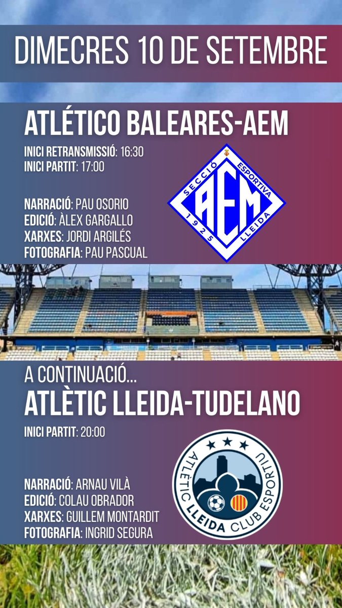 💥 Aquest DIMECRES, anem de COPES a #LleidaEnJoc⚽

📆 Dimecres a les 17:00h la <a href="/SEAEM_1925/">Secció Esportiva AEM</a> visita a l'<a href="/ATBFem/">Balears FC</a> en Copa de la Reina, i a les 20:00h l'<a href="/atletic_lleida/">Atlètic Lleida</a> rep al <a href="/cdtudelano/">CD Tudelano Oficial</a> en Copa Federación!🏆

📻 Comencem a les 16:30 amb la prèvia dels partits!⚽️

#LleidaEnJoc