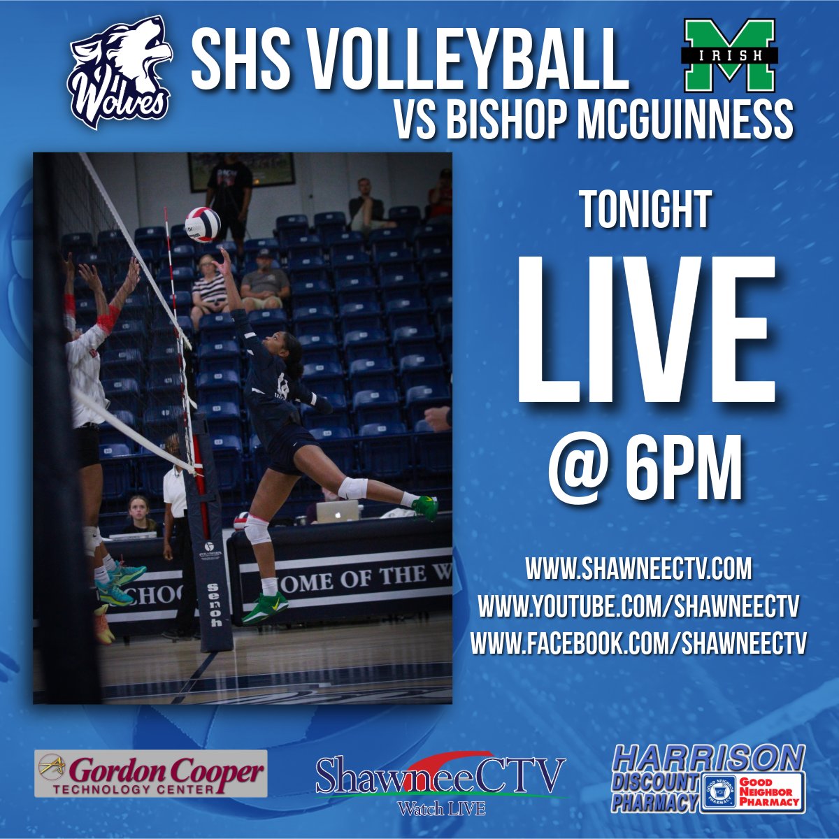 Watch SHS Wolves Volleyball vs Bishop McGuinness - LIVE TONIGHT at 6pm - ShawneeCTV.com
youtube.com/ShawneeCTV - facebook.com/ShawneeCTV