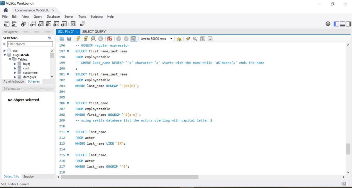 shemustexcel's tweet image. Day 9 of MySQL challenge 

Today,I dived into pattern matching with LIKE &amp;amp; REGEXP.
I practiced filtering employees by job titles, listing Sakila actors starting with “S”, pulling Nigerian cities from World DB, and finding countries ending with “A”.
SQL + REGEXP = data sniper 🎯