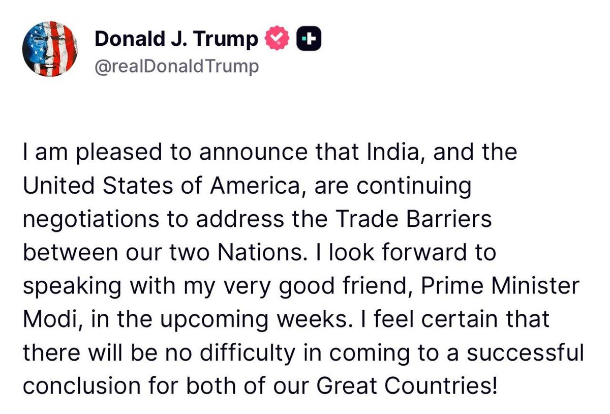 ANI's tweet image. US President Donald Trump posts, &quot;I am pleased to announce that India, and the United States of America, are continuing negotiations to address the trade barriers between our two nations. I look forward to speaking with my very good friend, Prime Minister Modi, in the upcoming…