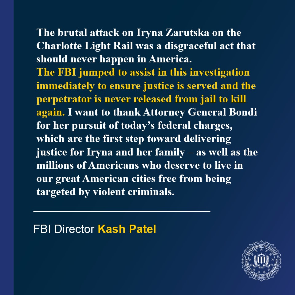 FBI's tweet image. Justice Department Charges Light Rail Attacker with Federal Crime justice.gov/opa/pr/justice… @FBICharlotte