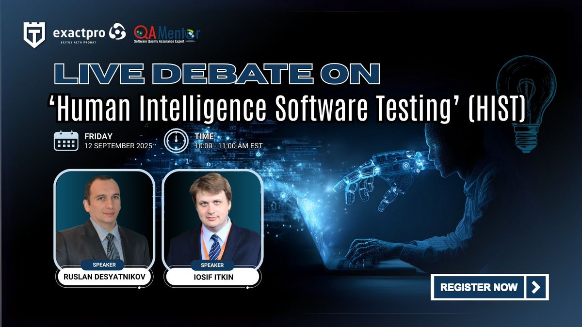 🧑‍💻 #HIST claims to bring critical thinking back to #QA, while others see it as slowing teams down. This debate puts both sides under the spotlight so you know what’s real and what’s just noise. 👉 testguild.com/webinar-live-d… <a href="/QAMENTOR1/">QA Mentor</a> <a href="/exactpro/">Exactpro</a> <a href="/IosifItkin/">Iosif Itkin</a> #HISTDebate