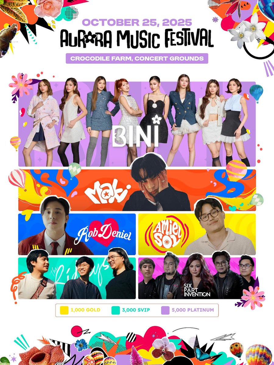 🔥 DAVAO ARE YOU READY?! 🔥
We’re bringing the energy straight to you at the Aurora Music Festival Davao 

Make sure to grab those tickets while they’re still available! SEE YOU SOON 🎤 

🌸 BINI  x 🎸Six Part Invention

📍 Crocodile Park Concert Grounds  
📅 October 25