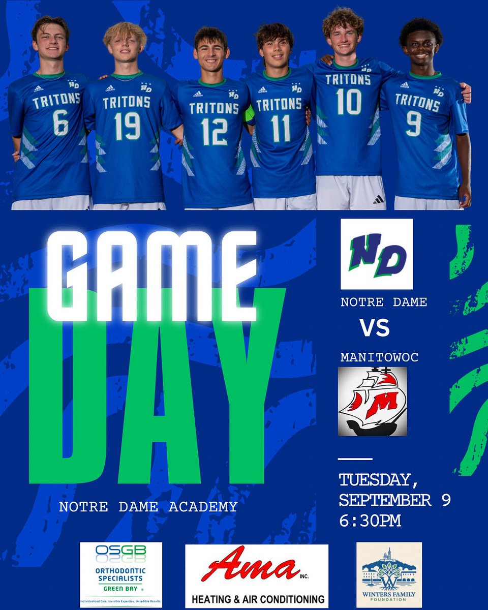NDAsoccer's tweet photo. Come out and cheer on the Tritons as they take on Manitowoc tonight!
•JV kicks off at 4:30
•Varsity follows at 6:30
A big THANK YOU to our Striker Sponsors — OSGB, AMA Heating &amp; Air Conditioning, and the Winters Family Foundation — for their support of Triton Soccer! https://t.co/0TcFDxQWUQ