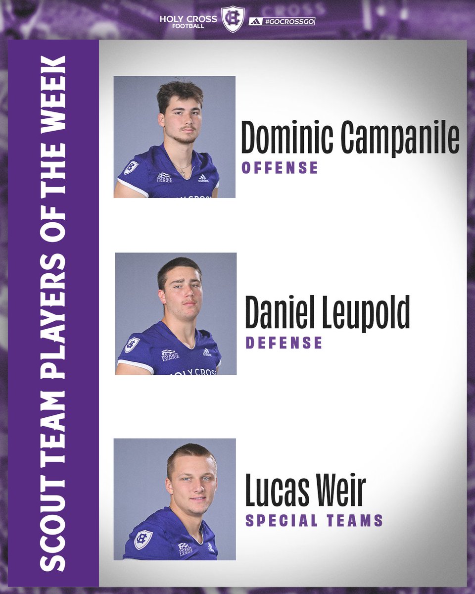 Week 2️⃣ Scout Team Players of the Week ⬇️

<a href="/Domcampanile_/">Dominic Campanile</a> 
<a href="/daniel_leupold/">Daniel Leupold 3⭐️</a>
<a href="/LucasWeir13/">Lucas Weir</a> 

#GoCrossGo