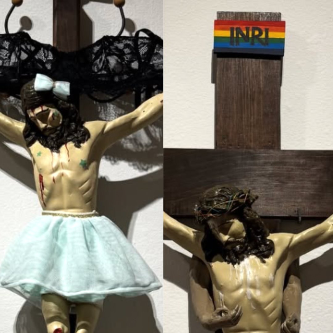 En la Universidad de GTO inauguraron una exposición que se burla de la crucifixión de Jesús: lo muestran vestido de mujer, con tatuajes, con la bandera LGBT e incluso de cabeza.

Esto es una ofensa a los cristianos y vulnera la libertad religiosa.

FIRMA: acti.click/W/NoMasBurlasA…
