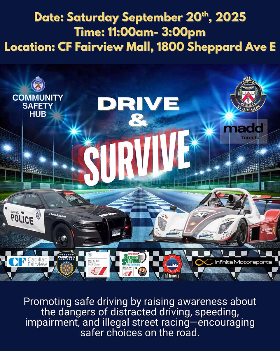 33 Division (@tps33div) on Twitter photo Join us Saturday Sept 20th at CF Fairview Mall for our Drive & Survive event(11–3)! Learn about the dangers of distracted driving, speeding & street racing. Let’s make safer choices on the road. 🚔 #DriveAndSurvive #RoadSafety #MADD #33Division Join us Saturday Sept 20th at CF Fairview Mall for our Drive & Survive event(11–3)! Learn about the dangers of distracted driving, speeding & street racing. Let’s make safer choices on the road. 🚔 #DriveAndSurvive #RoadSafety #MADD #33Division