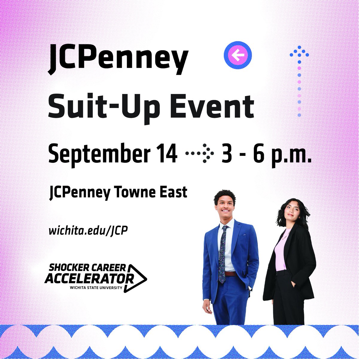 Dress for success at the JCPenney Suit-Up Event!
Saturday, Sept. 14 | 3–6 p.m.
📷 JCPenney Towne East
Faculty, staff, students, and alumni can save big — up to 45% off select career wear, shoes, and accessories, plus an extra 30% off coupon.
Prefer to shop online? Text SHOCKS to