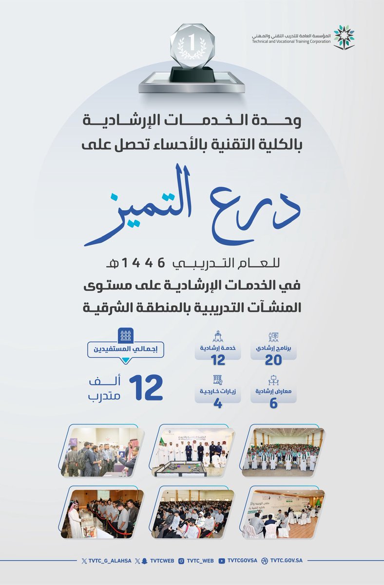 tvtc_g_alahsa's tweet photo. #انفوجرافيك |

 💠 جانب من أعمال وحدة الخدمات الإرشادية بـ #الكلية_التقنية_بالأحساء والتي من خلالها حصدت على درع التميز للعام التدريبي 1446هـ، على مستوى منشآت #التدريب_التقني والمهني بالمنطقة الشرقية. https://t.co/tLvJlYpzkr
