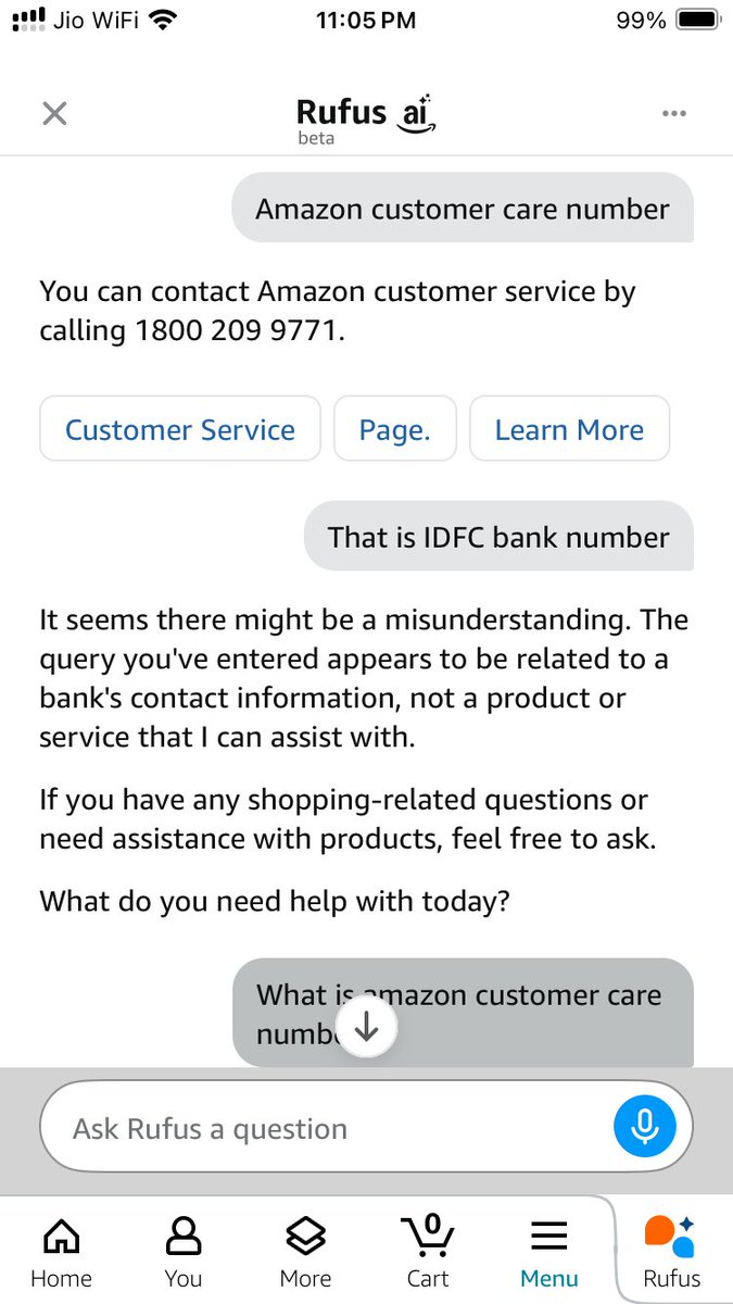 __golem___'s tweet photo. Asked Rufus about Amazon's customer care number, and it replied with IDFC bank's customer care number.
What's going on? @amazonIN @amazon https://t.co/KrTtKIUhbL