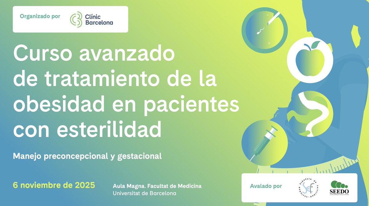 Cómo dar respuestas a mujeres con obesidad que buscan ser madres? Desde <a href="/hospitalclinic/">Hospital Clínic</a> organizamos esta jornada multidisciplinar con estrategias que mejoren su fertilidad!

📆 6 nov 📍 <a href="/UniBarcelona/">Universitat de Barcelona</a> 
✅ Avalan <a href="/Sefertilidad/">SEF</a> y <a href="/SociedadSeedo/">SEEDO</a>

👇 Inscríbete
aulaclinic.com/cursos/view.ph…