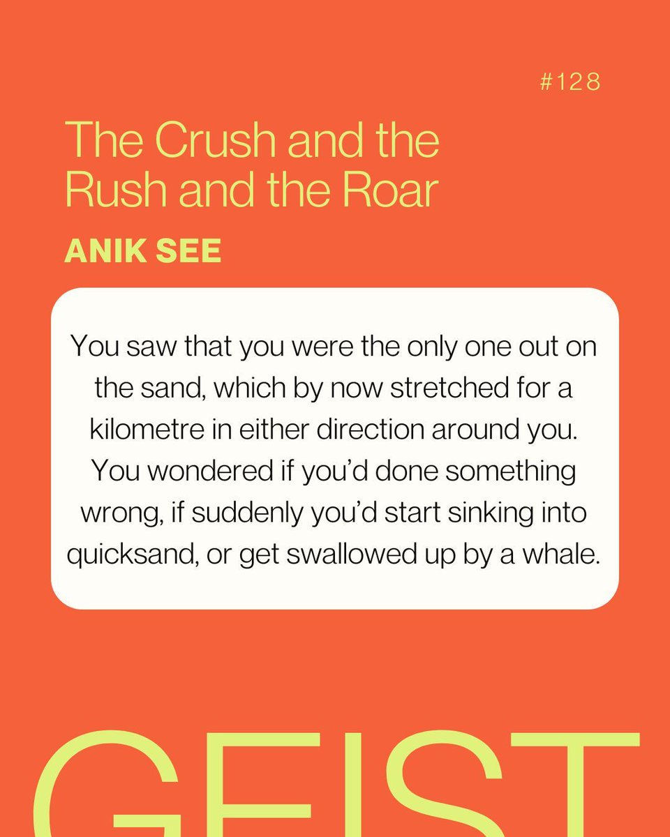 "You wondered if you’d done something wrong, if suddenly you’d start sinking into quicksand, or get swallowed up by a whale." –from the essay "The Crush and the Rush and the Roar" by Anik See, in Geist 128 🏠    

Read more at buff.ly/eJtH9zj