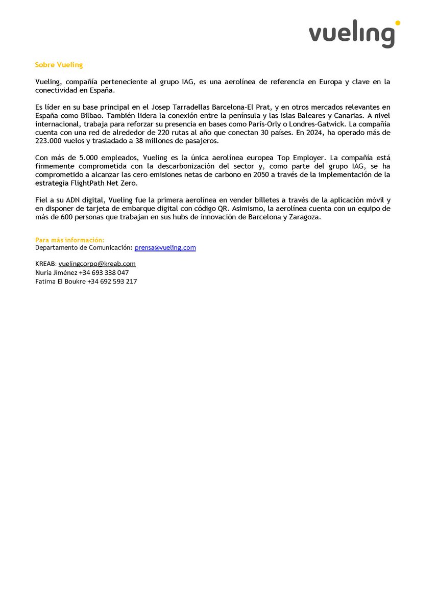 aena's tweet photo. ✈️ Aena se felicita por la decisión de @vueling de ampliar su oferta hasta alrededor de 1,5 millones de asientos.

- En Santiago-Rosalía de Castro, incorpora un avión y ofrecerá más de 578.000 plazas (+15%).
- En Tenerife Norte-Ciudad de La Laguna, alcanza un récord con unos 900.000 asientos (+11%).

Leer más 👇🏼