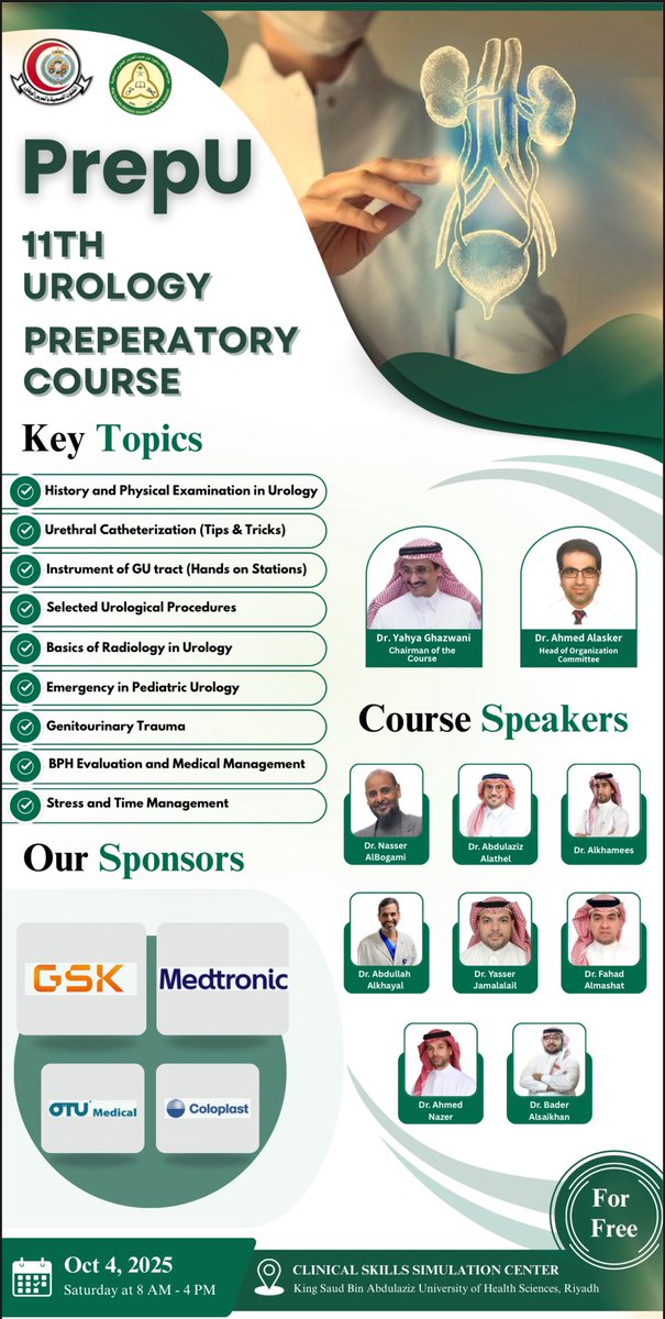 To all Future Urologist !! 

Do not miss out on the opportunity to enhance your expertise and skills in the upcoming 11th Preparatory Urology course 

The Event will be held on Saturday 4th of October!

Click on the link below for registration 
docs.google.com/forms/d/e/1FAI…