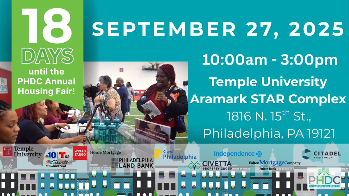 The countdown is on! 📅

Only 18 days remain until the #PhilaPHDC Annual Housing Fair!  Come out on Sep. 27, between 10am and 3pm to meet with housing pros to learn all about available homebuying and home maintenance programs and services!

Register now: bit.ly/3SUehPK