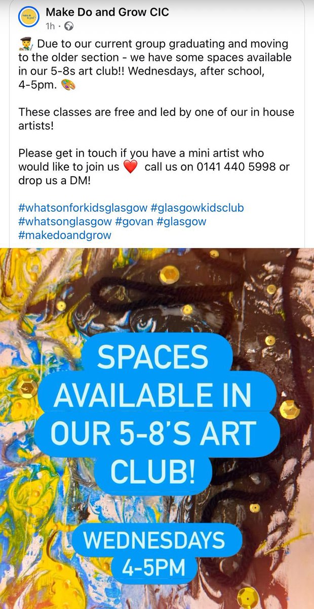 ‘Make, do and Grow’ on Burleigh street have free art classes Wednesdays after school for P1-4s. See details below…