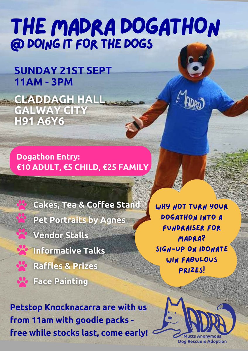 (🧵1/2)
📅 Save the Date, Galway!
 
Doing It For The Dogs 2025 is back🐾
📍 Claddagh Hall
🗓 Sun Sept 21 | 11am–3pm

By popular demand… the MADRA Dogathon returns! Walk the Salthill Prom with your dog, raise vital funds &amp; earn paw-some perks💙

#DoingItForTheDogs #Dogathon2025