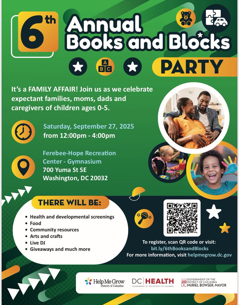 DCMOWPI's tweet image. Please join Help Me Grow DC for the 6th Annual Books, Blocks and Party on Saturday, September 27th 2025, from 12pm-4pm. We will have Early Childhood education screenings with resources that include maternal/paternal health, in addition to a live DJ and Giveaways.