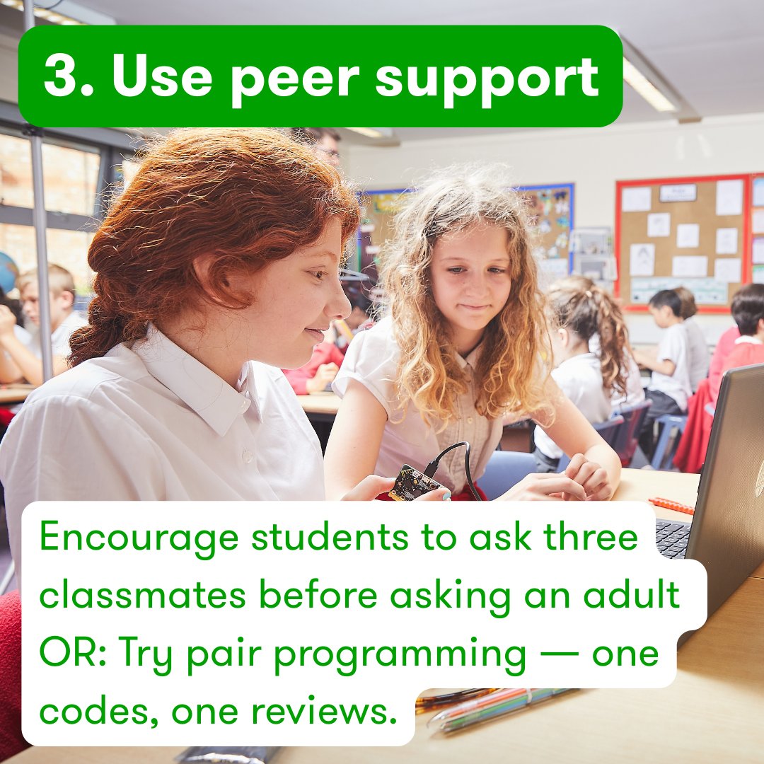 microbit_edu's tweet image. 👯 3. Use peer support
Try the “Ask 3 Before Me” rule.
Or use pair programming: one student codes, one reviews.
It builds teamwork and independence.
#ComputingEducation #TeacherTips