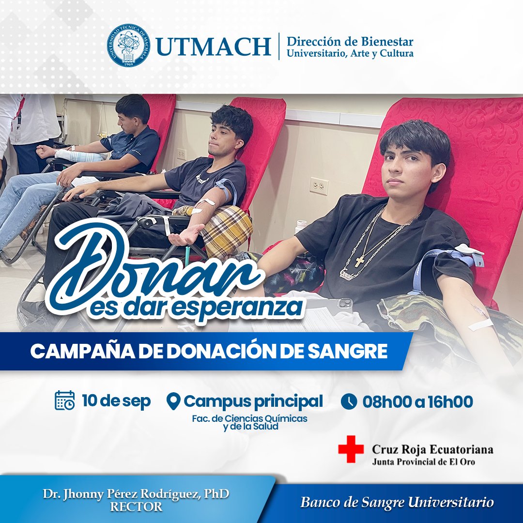 #BancodesangreUTMACH Tu solidaridad puede salvar vidas. 📷Este miércoles 10 de septiembre, acompáñanos en la Campaña de Donación de Sangre en la FCQ.  UTMACH #BienestarUniversitario #DonaciónDeSangre #CruzRojaEcuatoriana