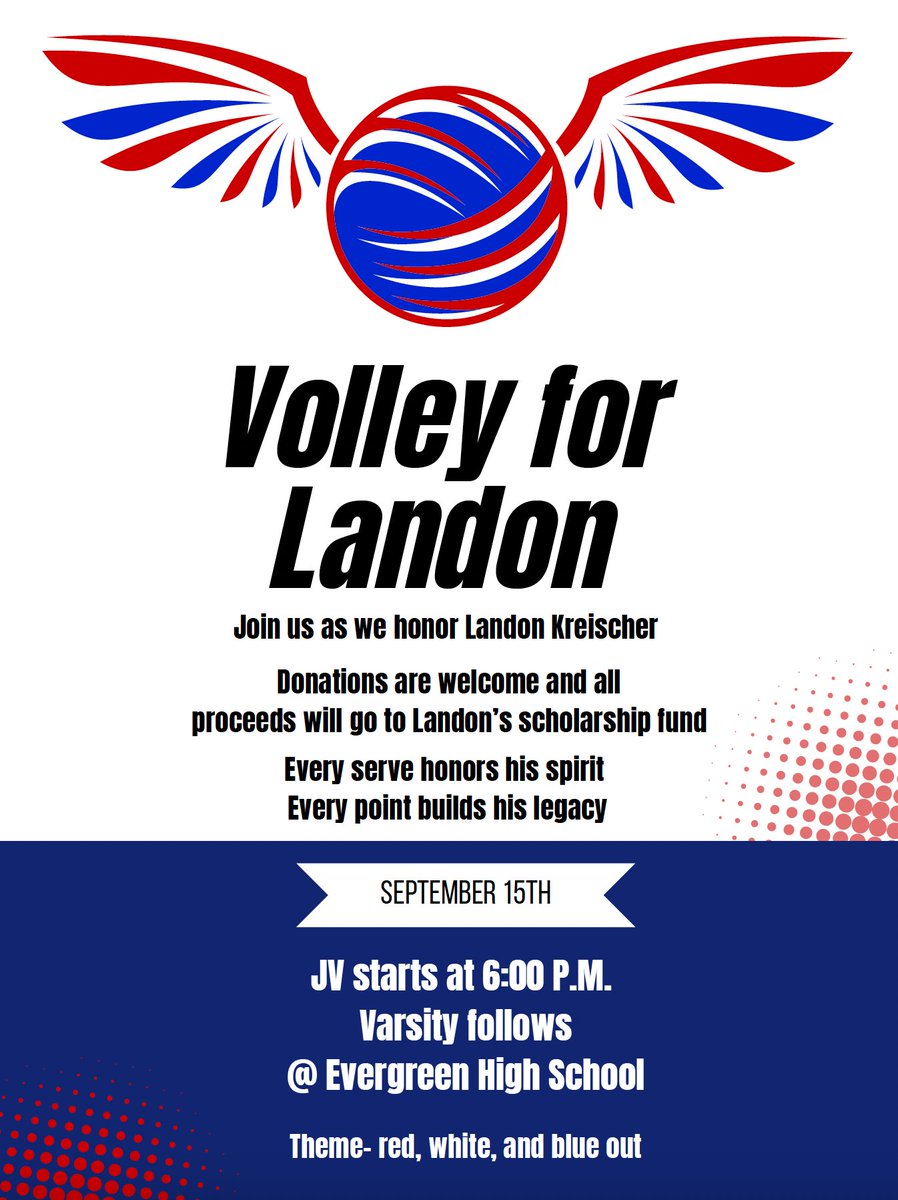Come out and show your support as we honor Landon Kreischer at the volleyball game on September 15. Let's fill the stands and make it a special night in his memory.
