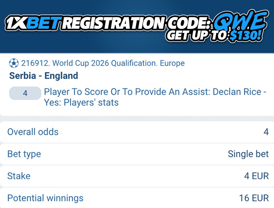 RiceRice_baby4's tweet image. Declan Rice will score or provide an assist against Serbia.
Odds: 4.00❗️
Registration Promo Code (130$ bonus) = "QWE" 🎁
Mobile App: reffpa.com/L?tag=d_467577…
#Betting #SERENG #bettingcode