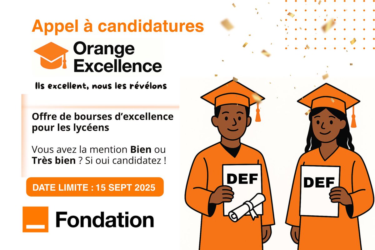 Fondation_OML1's tweet photo. Appel à candidatures – #OrangeExcellence - Phase 1 !
DEF 2025 avec mention ?
Bourses complètes + mentorat + formation pour les élèves maliens en situation de vulnérabilité.
Postule ici : https://t.co/O59pmZLIqA 
Clôture : 15 sept 2025
#FondationOrangeMali #OrangeMali https://t.co/YJ6oWjQWmJ