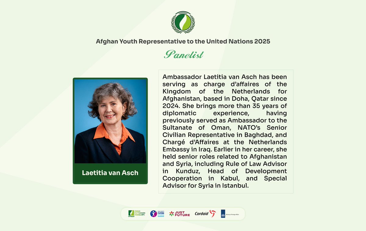 APTYouth's tweet photo. Just two days until the Final Round of the Afghan Youth Representative Program!

We're excited to introduce our esteemed panel of judges, who will evaluate the final speeches and select one young woman from among the three finalists to become the 2025 Afghan Youth Representative.

Swipe through the poster to meet our panelists and join us live, whether online or in person in The Hague.