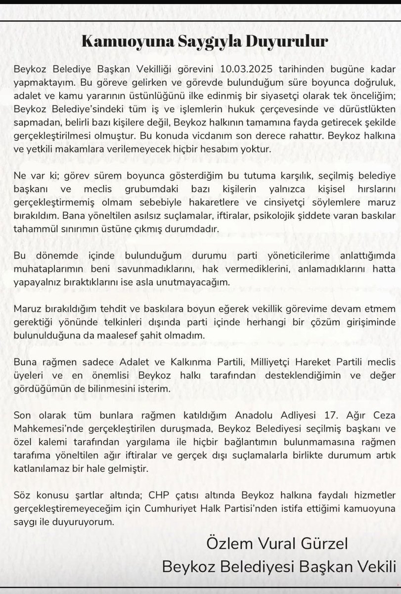 🔴Son Dakika….

CHP Beykoz Belediye Başkan Vekili Özlem Vural Gürzel partisinden istifa etti…

🔴Gürzel istifa dilekçesinde hakaret, cinsiyetçi söylemler, tehdit ve baskıya maruz kaldığını ve istifa kararını bu sebeplerle aldığını açıkladı. 

🔴Bu istifa da gösteriyor ki…