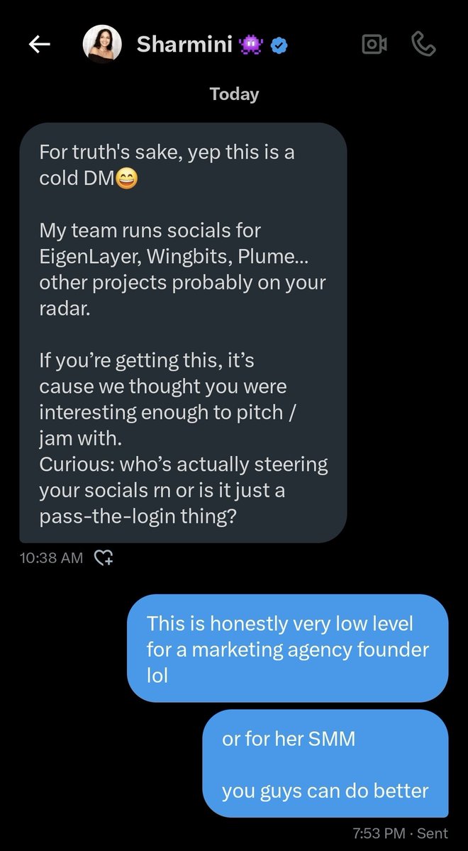 Being pitched by the SMM of a marketing agency founder that rejected your application a couple months ago is another level of savagery lol

at least check out who you wanna cold DM before running automations 

then you wonder why Web3 mtkg still sucks lol