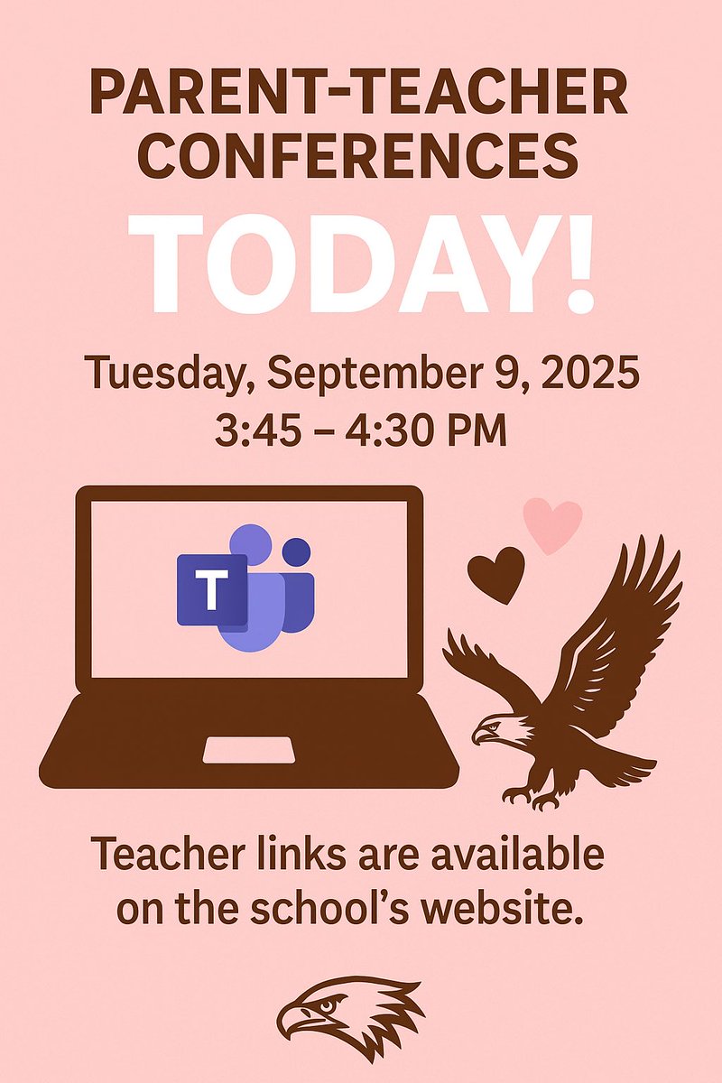 📢 Parent-Teacher Conferences – TODAY
📅 Tues, Sept 9, 2025 | ⏰ 3:45–4:30 PM
💻 On Microsoft Teams
🌐 Teacher links available on our school’s website

Parents/guardians — connect with teachers &amp; support student success! 🦅💗🤎
#CSKStrong #FamilyEngagement
