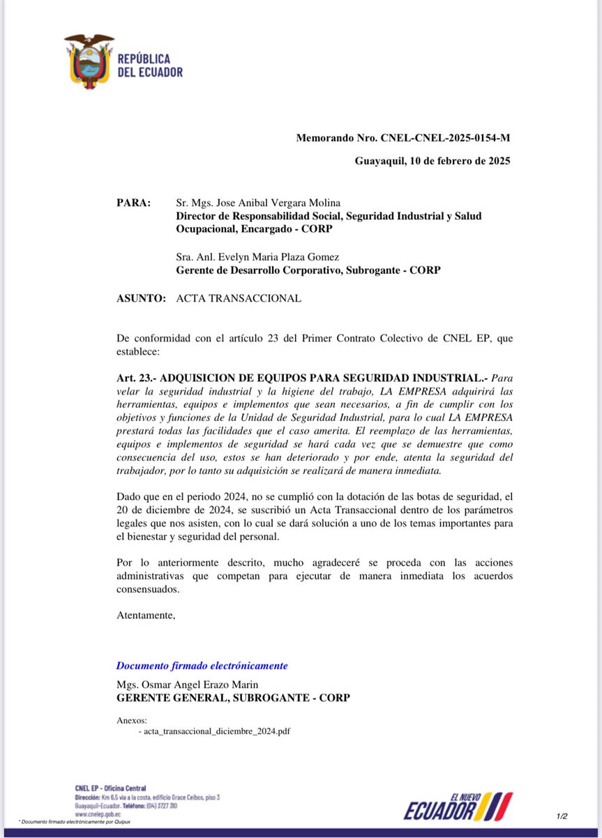 janethinostroza's tweet photo. #CasoCNEL
#RichardGomez
Ángel Erazo, Gerente de CNEL, fue quien autorizó la transferencia de dinero público, a la cuenta del Comité de trabajadores de CNEL, para la compra de botas dieléctricas.
¿Por qué lo hizo?
Para evadir el concurso público que debían hacer para comprar 12.000 pares de botas, para 4000 trabajadores eléctricos (3 pares por cabeza).
En el documento que adjunto, Erazo reconoce que CNEL incumplió su obligación de proveer de esas botas a los obreros (2024) y autoriza la transferencia de dinero público a las cuentas de la organización sindical (2025) para que ellos (léase Richard Gómez), compren las botas eligiendo un proveedor a dedo.
En el escrito Erazo justifica su decisión en el artículo 23 del contrato colectivo, que según él y Richard Gómez, les daría el respaldo legal para hacer y deshacer con el dinero público.
El caso ha llegado a tal nivel, que Richard Gómez dice que el momento de transferir el dinero a las cuentas del sindicato, dejó de ser dinero público y que la supuesta compra de botas es ahora un asunto entre privados (WAF!!!)
Todavía no se sabe cuánto dinero transfirió Erazo, pero se estima que unos $2 millones de dólares, para unas botas que nadie sabe en dónde y a quién le compraron, ni cuándo llegarán al país.
Ángel Erazo forma parte activa de esta nueva trama de presunta corrupción y abuso de fondos públicos ¿su nombre debería incluirse en la demanda por delincuencia organizada y posible peculado, interpuesta por la nueva directiva del sindicato de CNEL?
