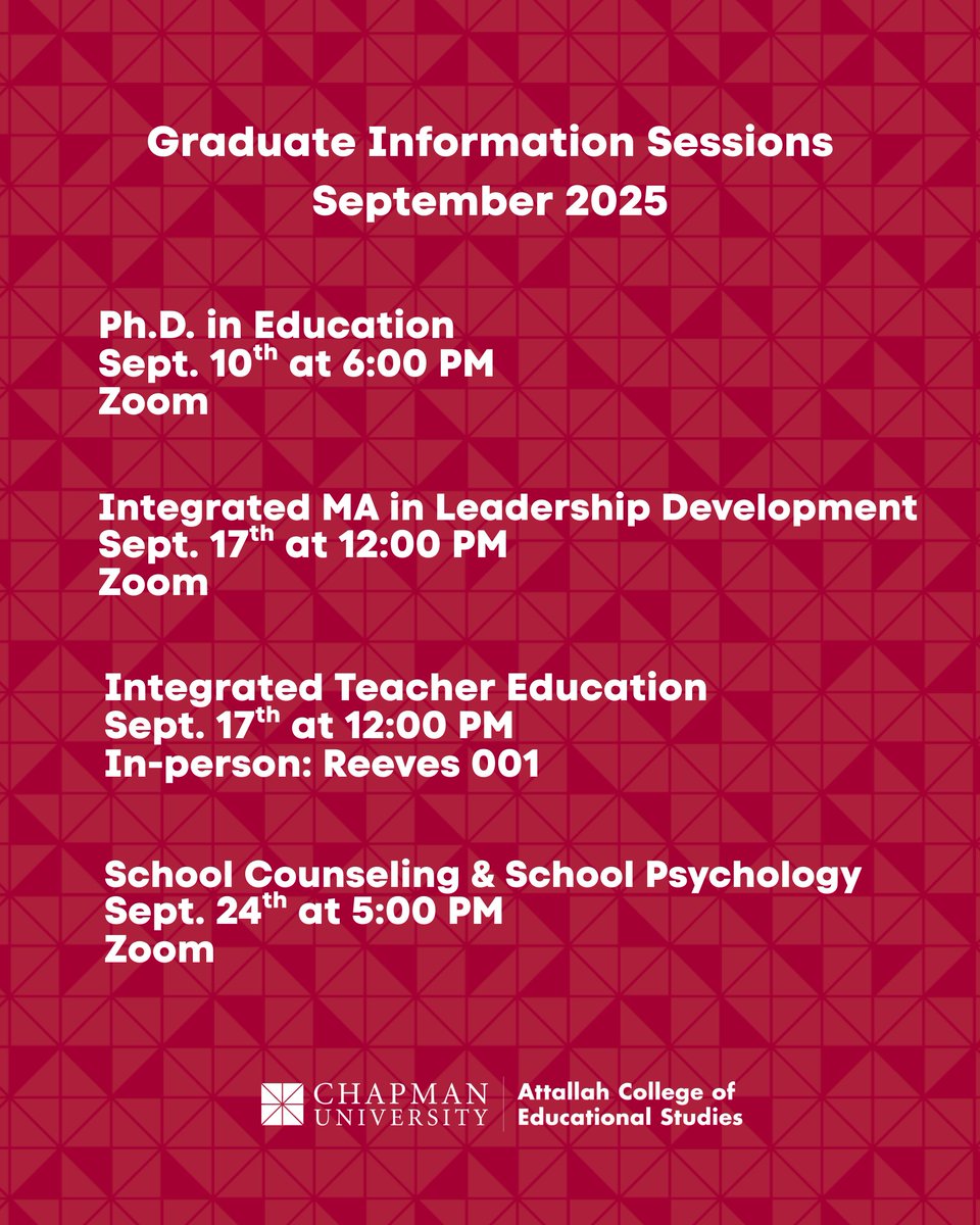 Thinking about graduate school? 📚 Join us this September for Attallah College’s Graduate Information Sessions!

Visit our site to register.

#AttallahCollege #ChapmanU 
#GraduateEducation #FutureEducators