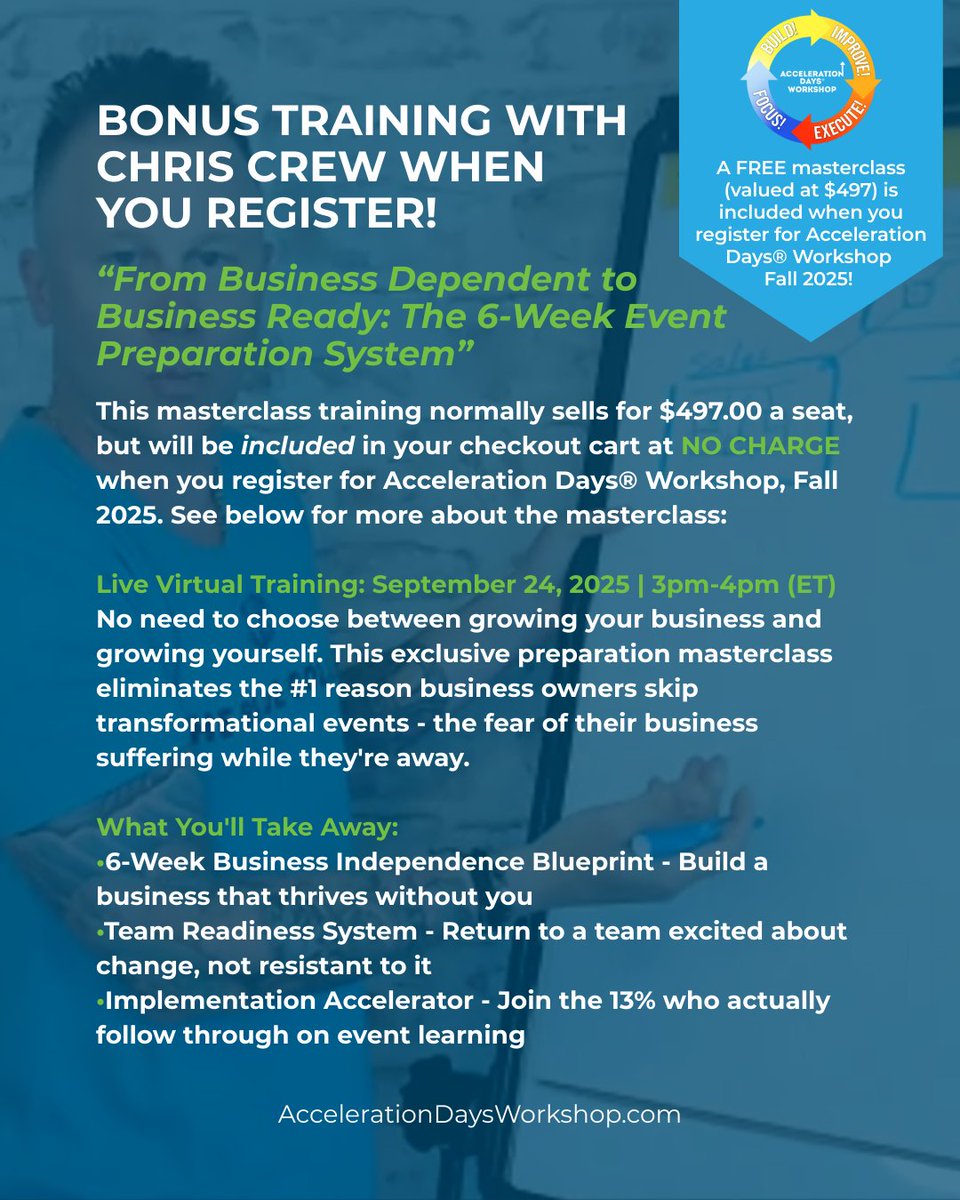 BlueCollarSG's tweet image. 🚨 LAST CHANCE BONUS 🚨

Register for #AccelerationDays®Workshop by 9/23 and get FREE access to Chris Crew’s exclusive masterclass:

🔥 From Business Dependent to Business Ready: The 6-Week Event Prep System

#Inspire #ProudToBeBlueCollar™ #TradesIndustry #BusinessGrowth