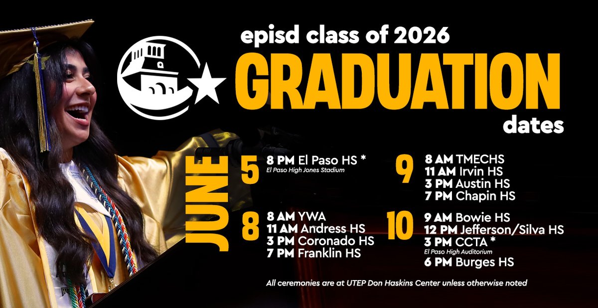 🎊 GET EXCITED!! 🎊 THE #EPISDClassof2026 GRADUATION DATES ARE HERE! 🎓🌟

We can't wait to celebrate the incredible achievements of our graduating seniors. 👏👏👏

View the schedule ➡️ bit.ly/Grad_2026

#ItStartsWithUs #ElPasoISD #EPISD