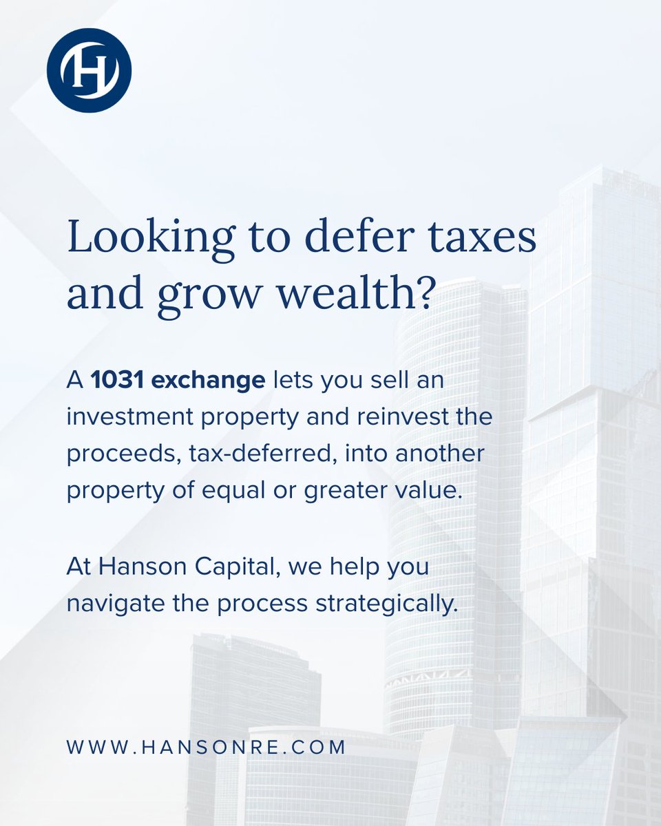 HansonCapital's tweet image. Think 1031 exchanges are just about deferring taxes? They're really about repositioning your portfolio for long-term success. At Hanson Capital, we help investors acquire replacement properties that align with your financial goals.

#hansoncapital #1031exchange #1031exchanges