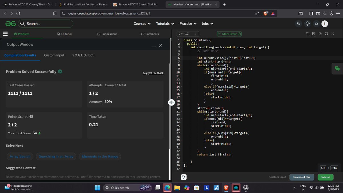sahu_ipesh's tweet image. Day 17 of #100daysofcode

-&amp;gt;number of occurrences.
-&amp;gt; first and last position in sorted array.

#buildinpublic  #dsa