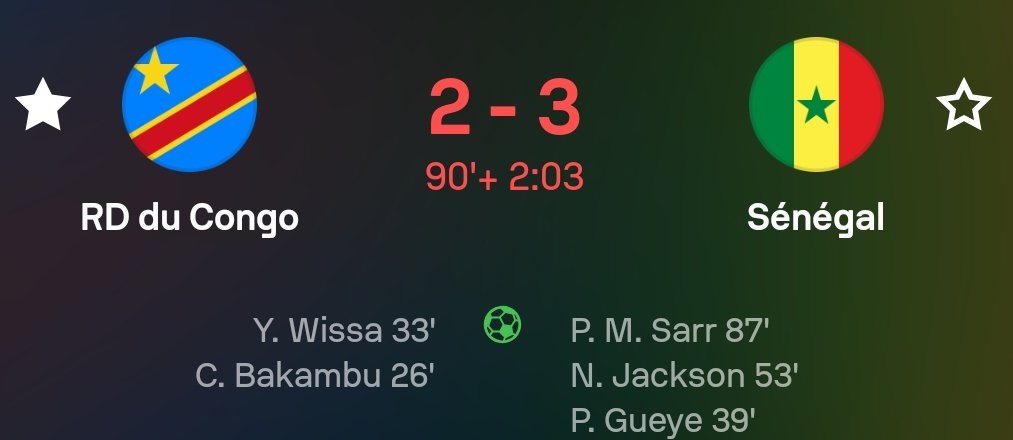 Fin match: RDC 2-3 Sénégal.
Ce que j'en pense: Si nous souhaitons jouer une coupe du monde ou remporter la CAN, nous devons être en mesure de battre le Sénégal, le Maroc, l'Afrique du Sud ou encore le Cameroun...
A nous de retenir la leçon et d'aller se qualifier via les barrages