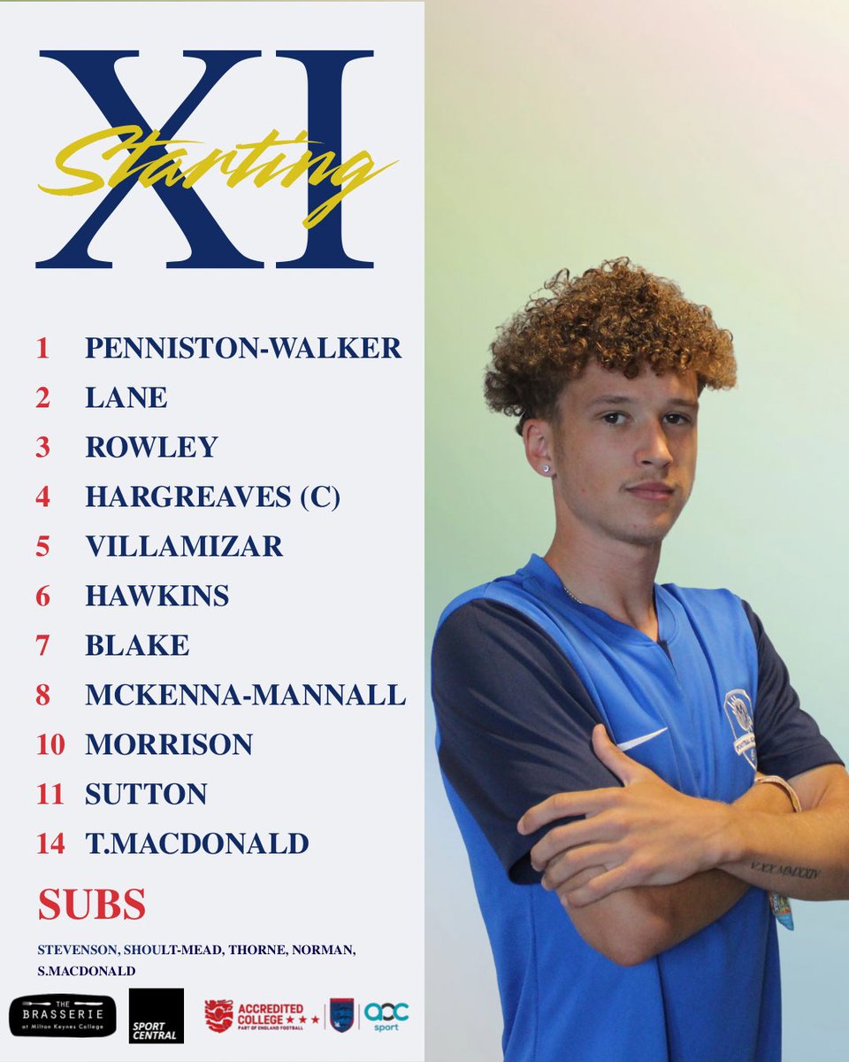 🔵🚨 TEAM NEWS

🤝 1 change to the 16 man squad from Saturday

🙍‍♂️ Macdonald number 3 for MKCFA as Sam makes his first competitive squad