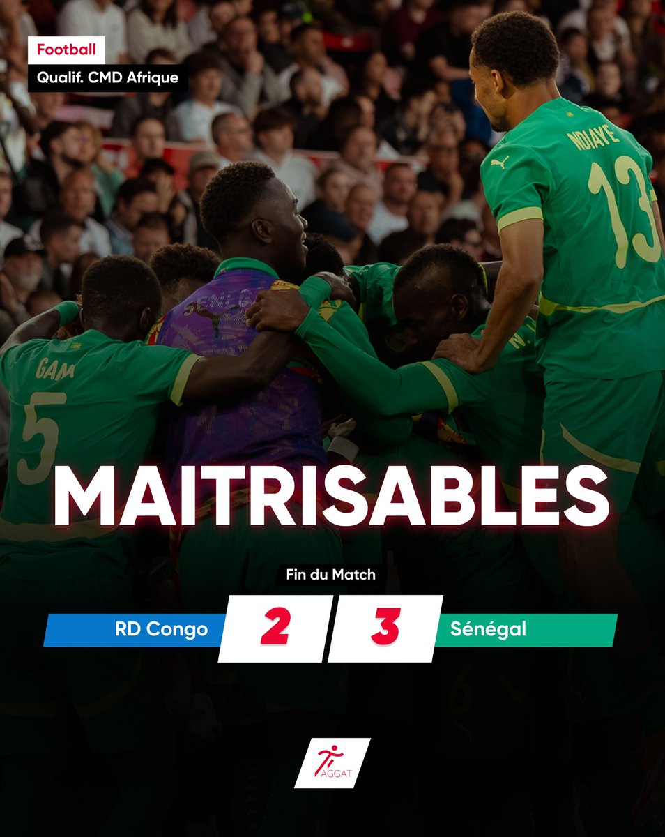taggatsn's tweet image. Les #Lions du Sénégal s’imposent 3-2 face à la RD Congo au Stade des Martyrs. Menés 2-0 en début de match, ils ont renversé la rencontre pour décrocher une victoire précieuse dans la course au Mondial.